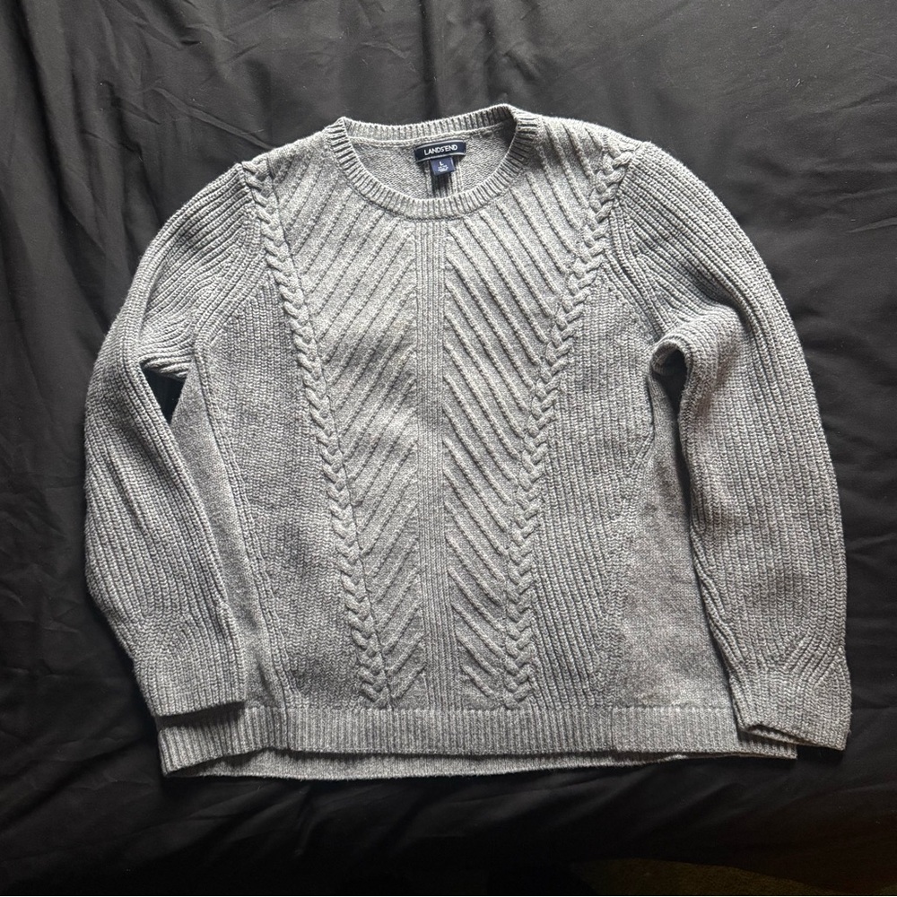 Lands' End Men's Gray Cable Knit Crewneck Sweater